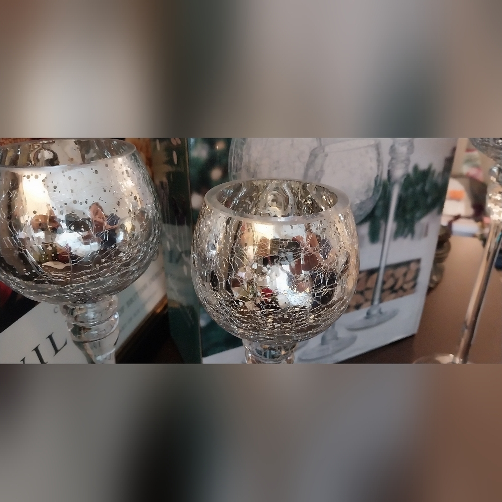 Silver Goblet Crackle Glass Candle Holders (Set of 3) - Picture 2 of 4